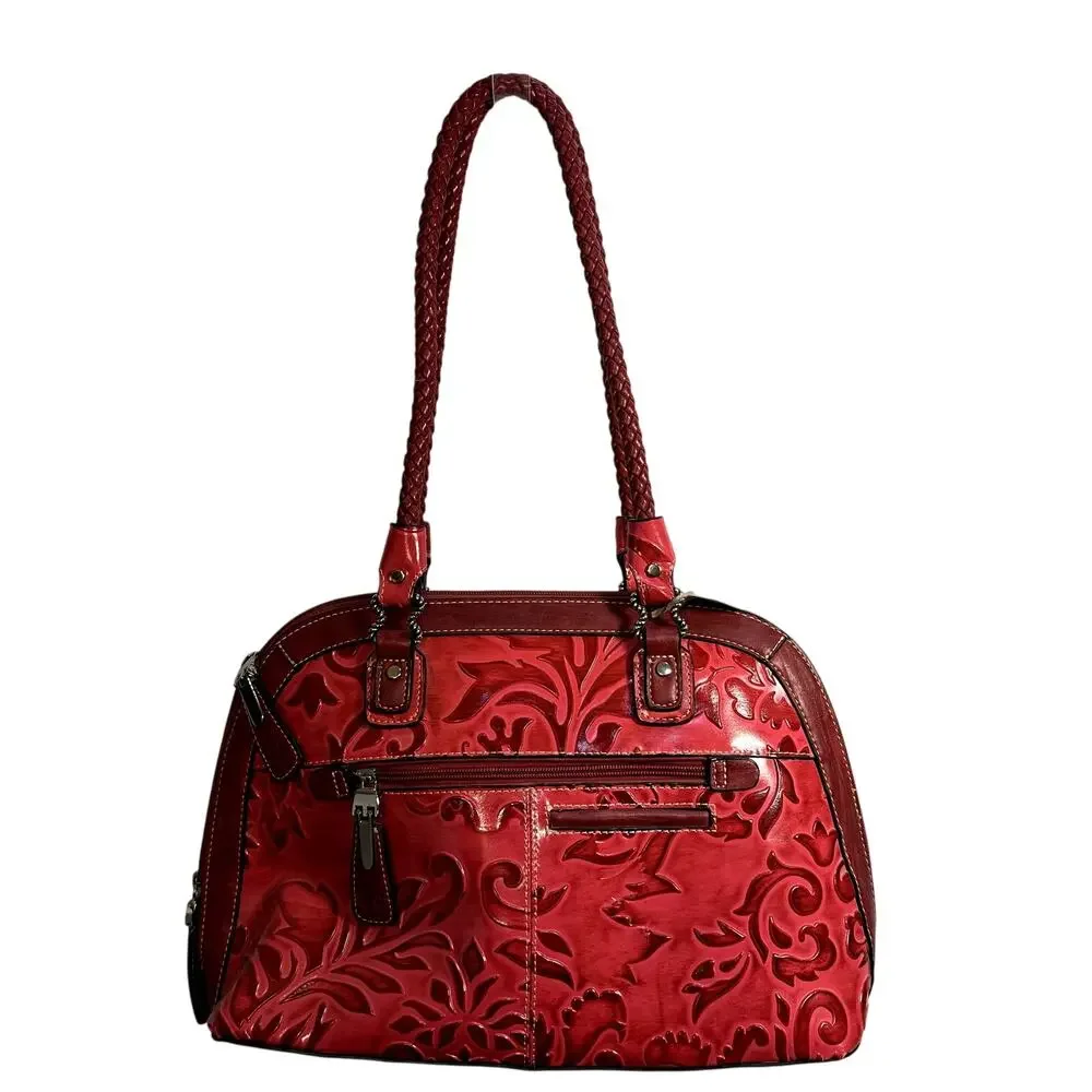 Madi Claire Red Embossed Western Satchel Shoulder Bag Tassel Floral Tooled Purse